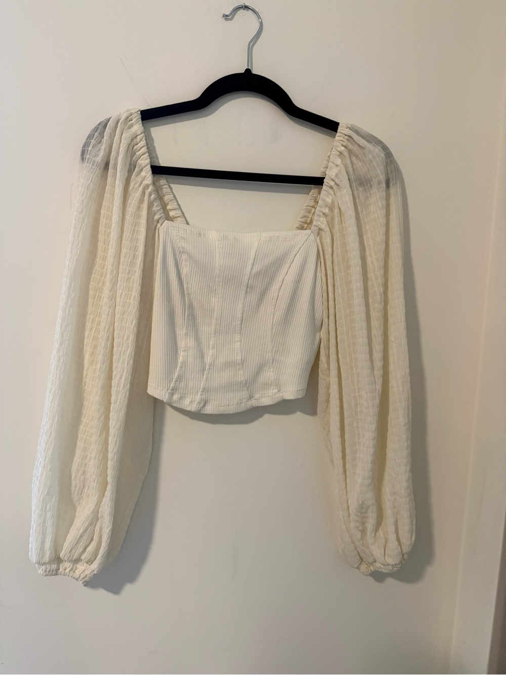 Urban Outfitters Cream Textured Square-Neck Puff Sleeve Crop Top